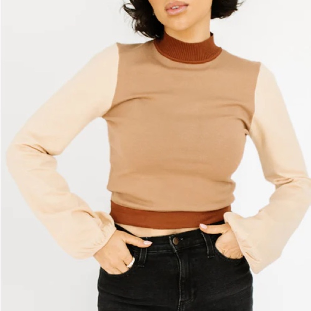 NWT Altar’d State Colorblock Mockneck Turtleneck Cream Tan Rust Brown Top